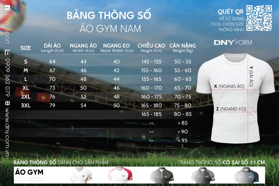 Bảng thông số áo gym nam